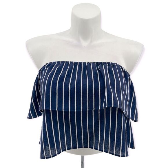 Forever 21 Women’s Navy Blue Striped Off The Shoulder Flowy Crop Top Small - Picture 12 of 12